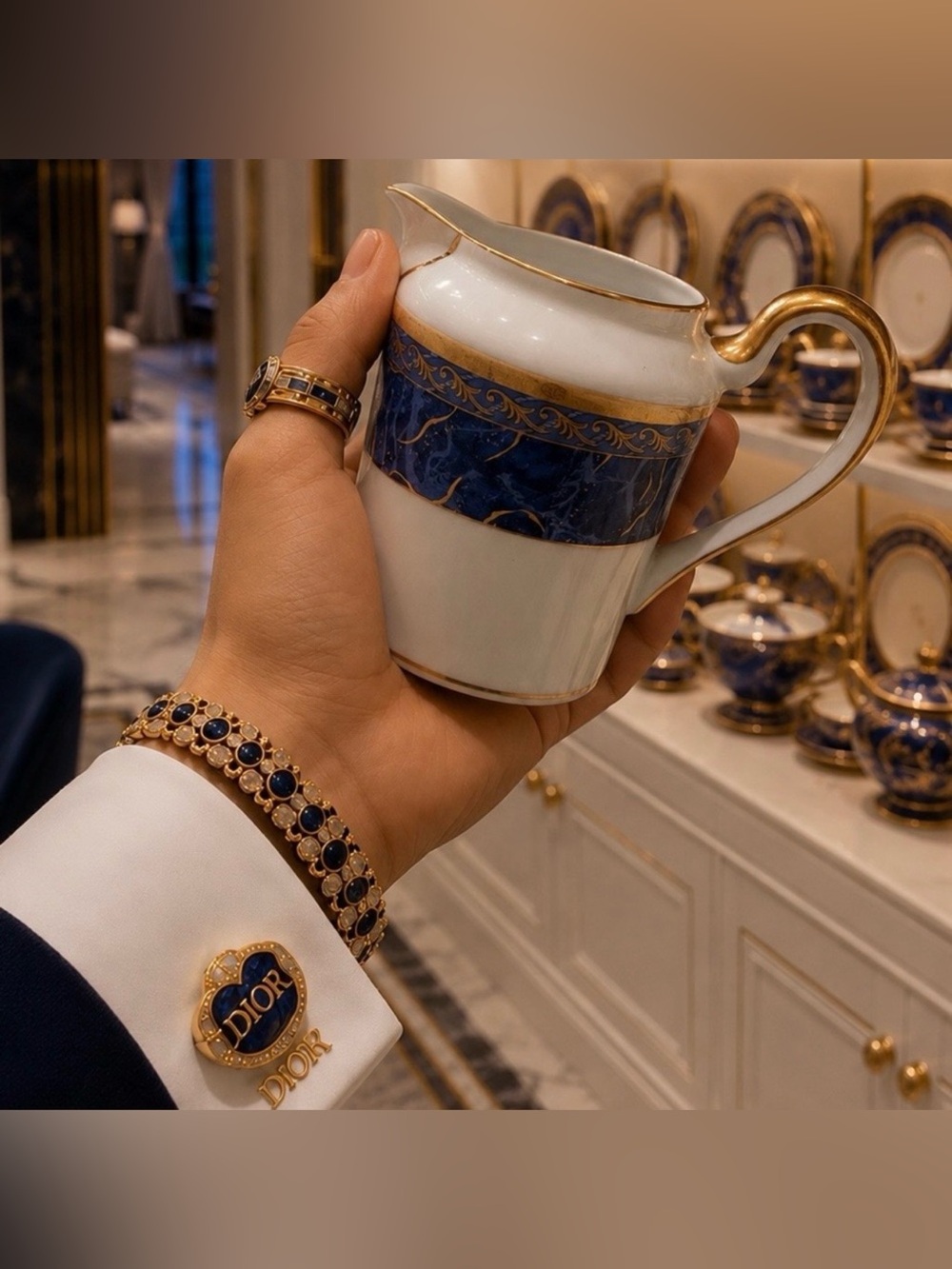 Dior White, Blue and Gold Cufflink, Ring & Bracelet Set